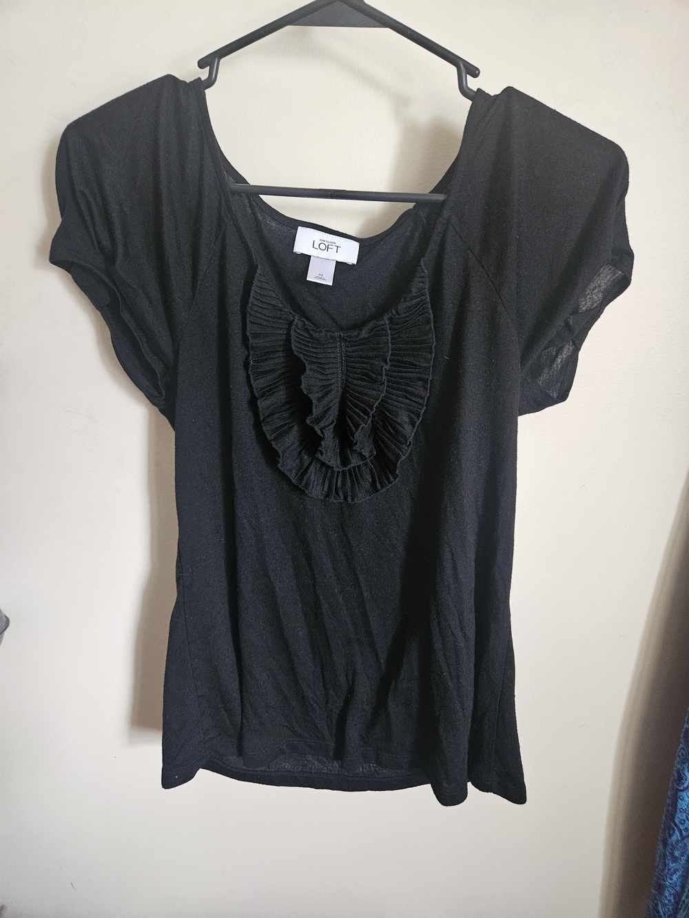 LOFT Black Short Sleeve Ruffle Front Tee
